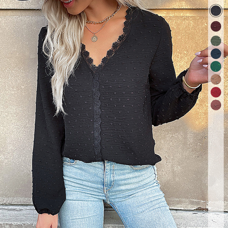Solid Dotted Long-Sleeve Blouse with Lace Trim
