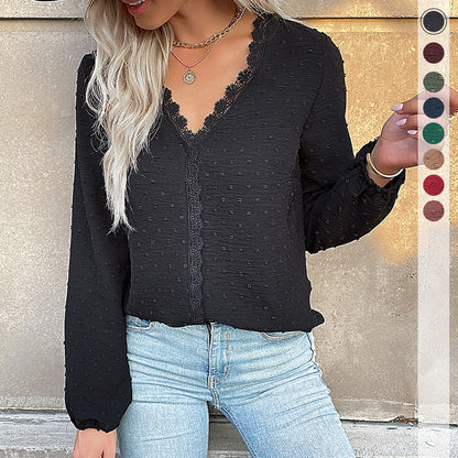 Solid Dotted Long-Sleeve Blouse with Lace Trim