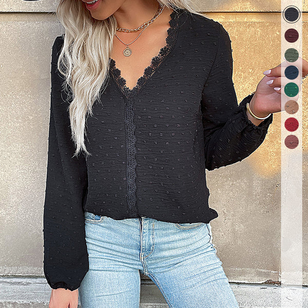 Solid Dotted Long-Sleeve Blouse with Lace Trim