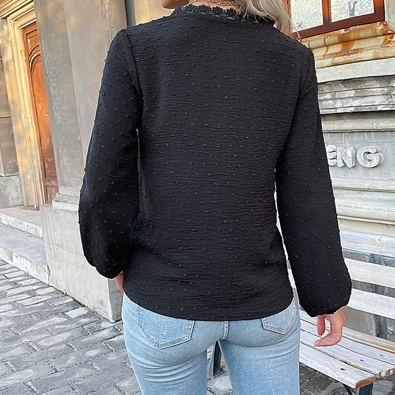 Solid Dotted Long-Sleeve Blouse with Lace Trim