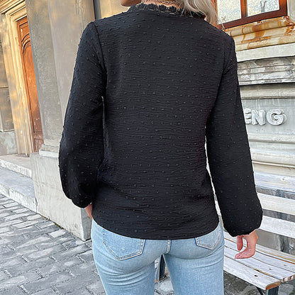 Solid Dotted Long-Sleeve Blouse with Lace Trim