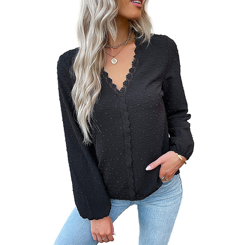 Solid Dotted Long-Sleeve Blouse with Lace Trim