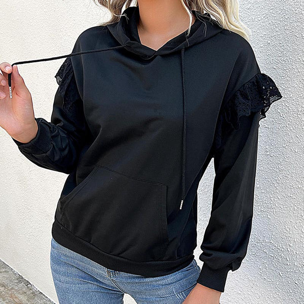 Solid Black Hooded Sweatshirt with Lace Ruffle Sleeves