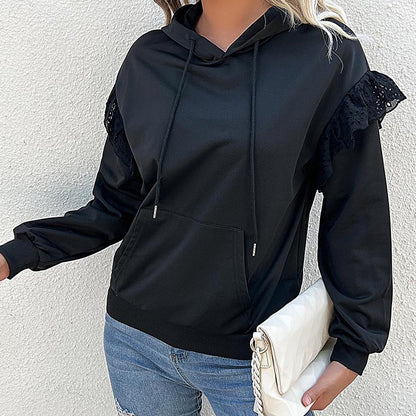 Solid Black Hooded Sweatshirt with Lace Ruffle Sleeves