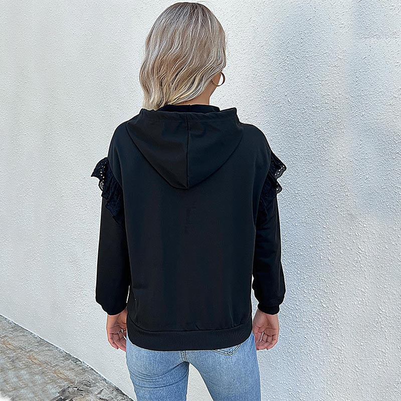 Solid Black Hooded Sweatshirt with Lace Ruffle Sleeves
