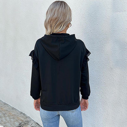 Solid Black Hooded Sweatshirt with Lace Ruffle Sleeves