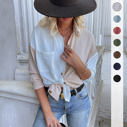 Color-Block Button-Down Shirt with Crinkled Texture