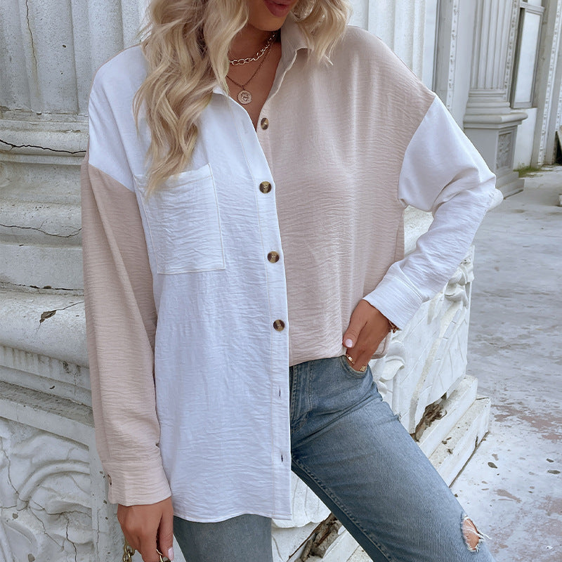 Color-Block Button-Down Shirt with Crinkled Texture