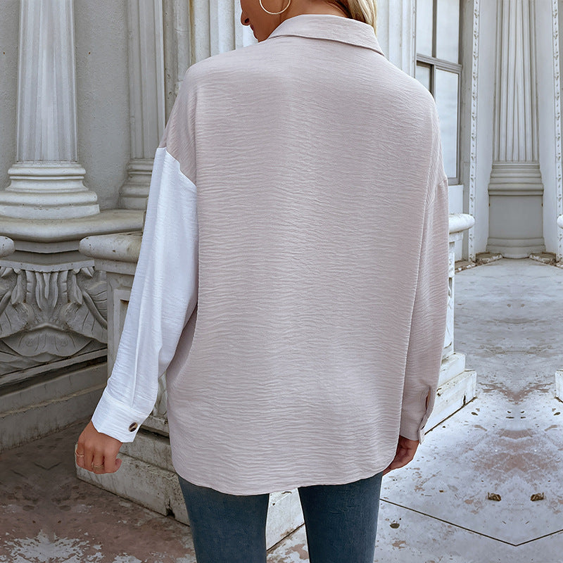 Color-Block Button-Down Shirt with Crinkled Texture