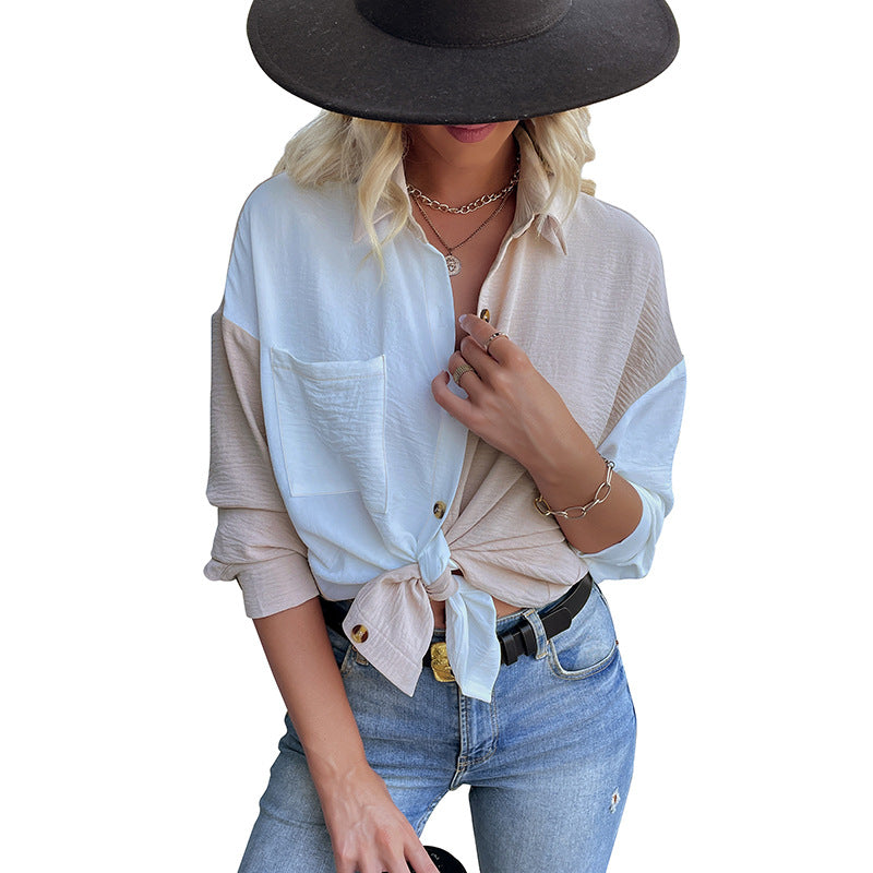 Color-Block Button-Down Shirt with Crinkled Texture