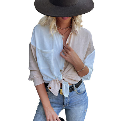 Color-Block Button-Down Shirt with Crinkled Texture