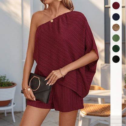 Textured One-Shoulder Shorts Set with Batwing Sleeve