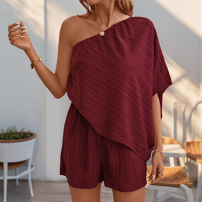 Textured One-Shoulder Shorts Set with Batwing Sleeve