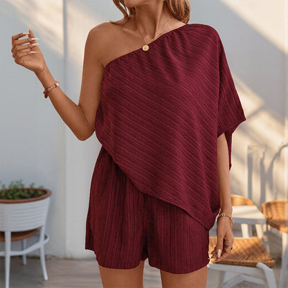 Textured One-Shoulder Shorts Set with Batwing Sleeve