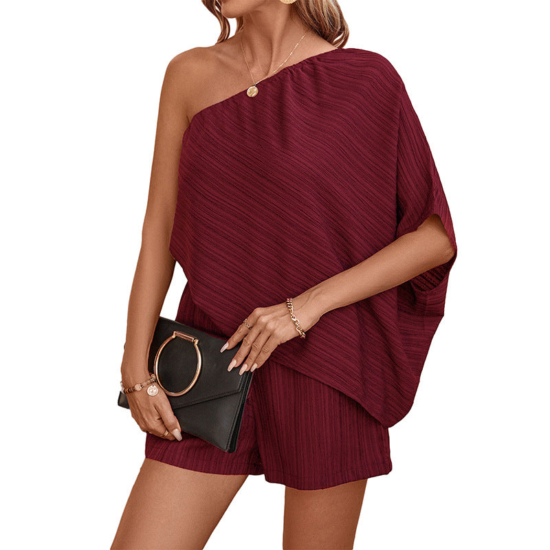 Textured One-Shoulder Shorts Set with Batwing Sleeve