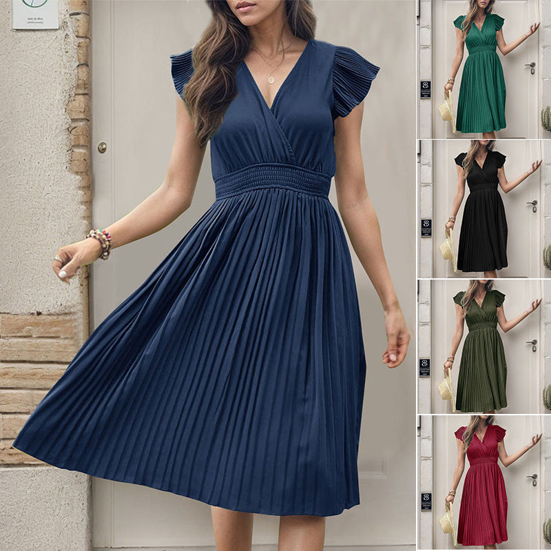 Solid Pleated Midi Dress with V-Neck and Flutter Sleeves