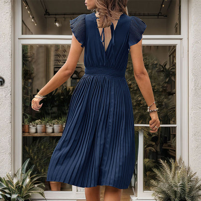 Solid Pleated Midi Dress with V-Neck and Flutter Sleeves