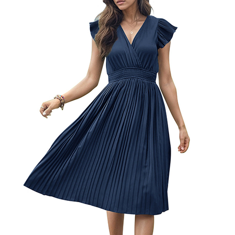 Solid Pleated Midi Dress with V-Neck and Flutter Sleeves