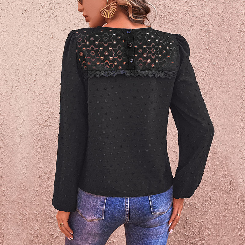 Dotted Long-Sleeved Blouse with Lace Yoke