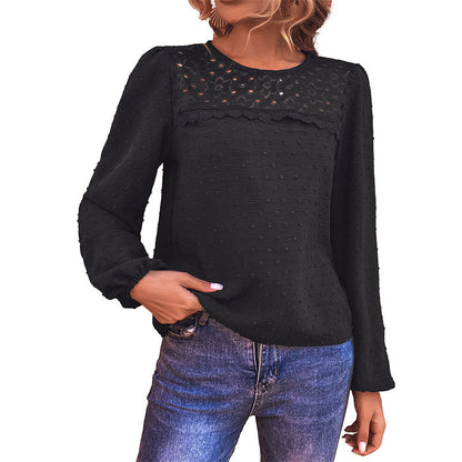 Dotted Long-Sleeved Blouse with Lace Yoke