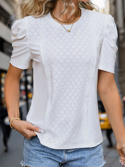 Perforated Top with Puff Sleeves and Lace Inserts