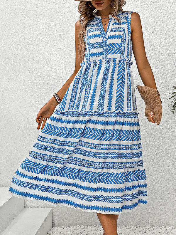 Geometric Print Midi Dress with V-Neck and Tiered Skirt