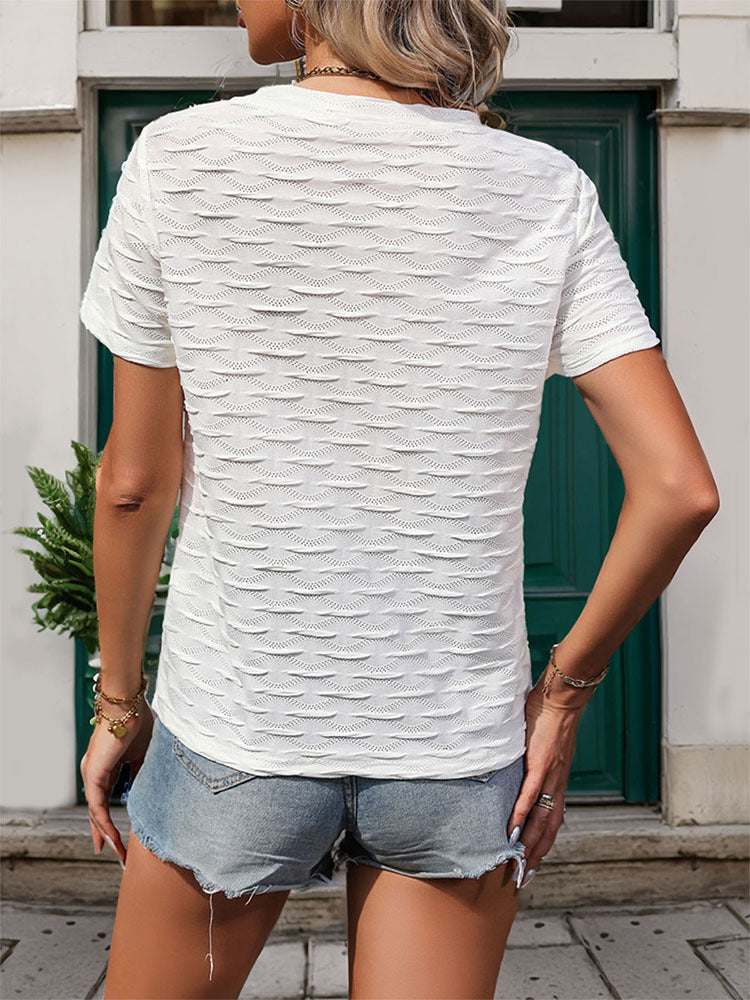 White Ripple Textured Short Sleeve Top with Crewneck