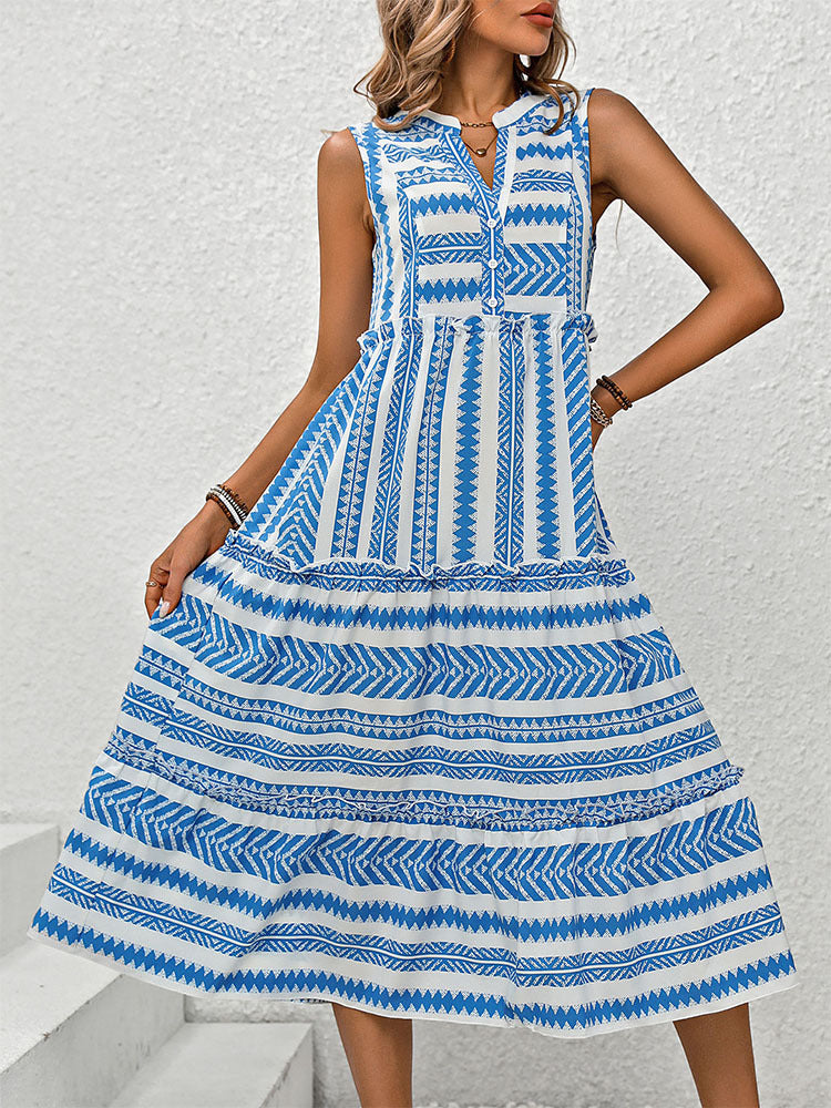Geometric Print Midi Dress with V-Neck and Tiered Skirt
