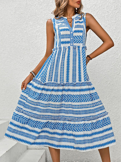 Geometric Print Midi Dress with V-Neck and Tiered Skirt