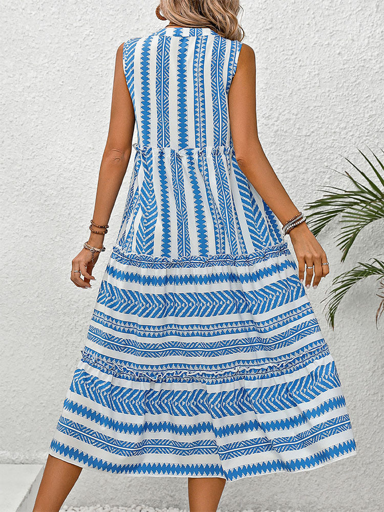 Geometric Print Midi Dress with V-Neck and Tiered Skirt