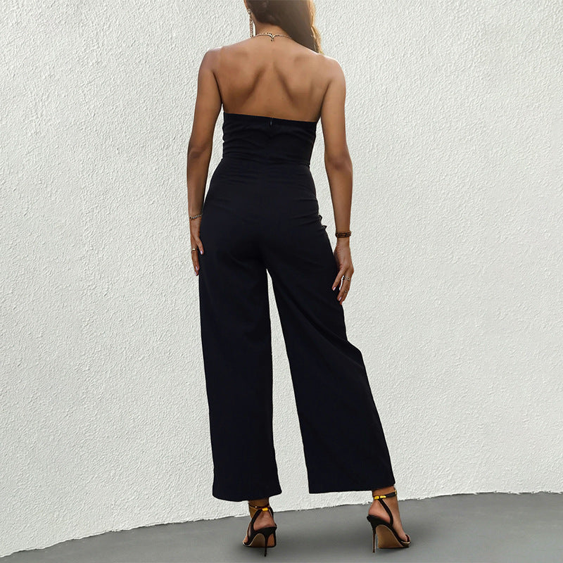 Strapless Wide-Leg Jumpsuit with Contrast Neckline