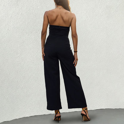 Strapless Wide-Leg Jumpsuit with Contrast Neckline