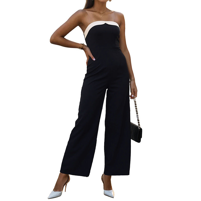 Strapless Wide-Leg Jumpsuit with Contrast Neckline