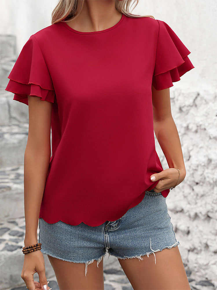 Solid Crewneck Blouse with Tiered Ruffle Sleeves and Scalloped Hem