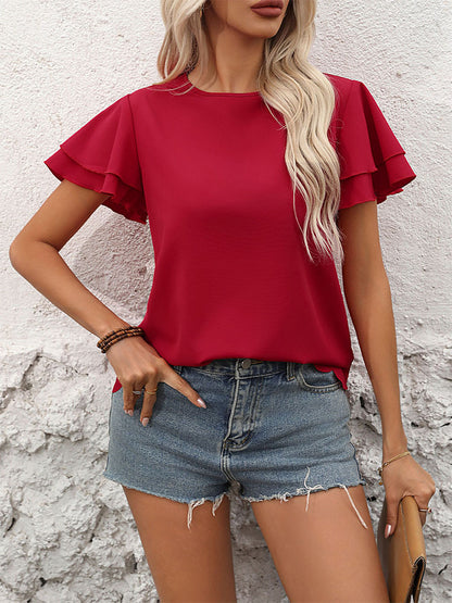 Solid Crewneck Blouse with Tiered Ruffle Sleeves and Scalloped Hem