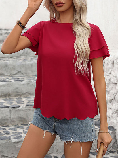 Solid Crewneck Blouse with Tiered Ruffle Sleeves and Scalloped Hem