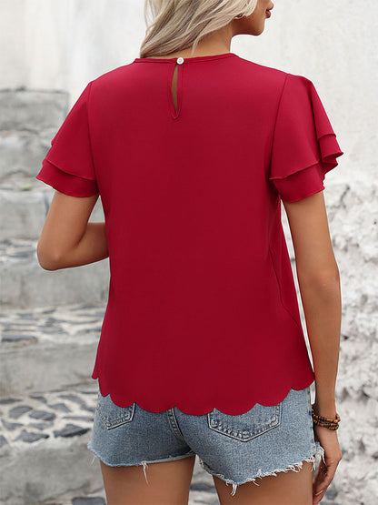 Solid Crewneck Blouse with Tiered Ruffle Sleeves and Scalloped Hem