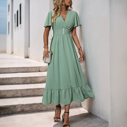 A-Line Midi Dress with V-Neck and Flutter Sleeves