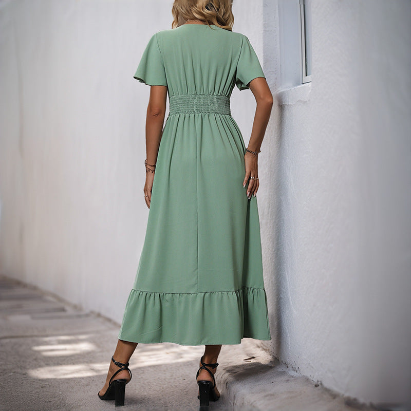 A-Line Midi Dress with V-Neck and Flutter Sleeves