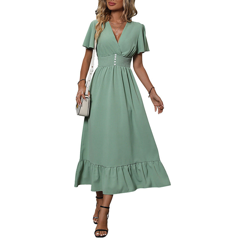 A-Line Midi Dress with V-Neck and Flutter Sleeves