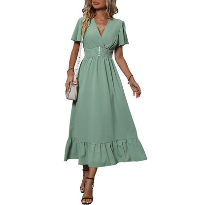 A-Line Midi Dress with V-Neck and Flutter Sleeves