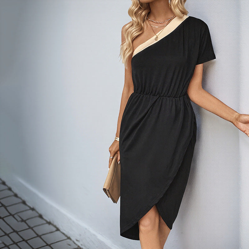 Color-Blocked One-Shoulder Midi Dress with Draped Asymmetrical Hem