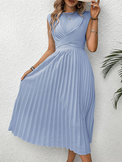 Sleeveless Midi Dress with Pleated Skirt and Wrap Bodice