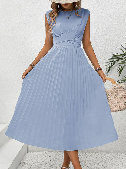 Sleeveless Midi Dress with Pleated Skirt and Wrap Bodice