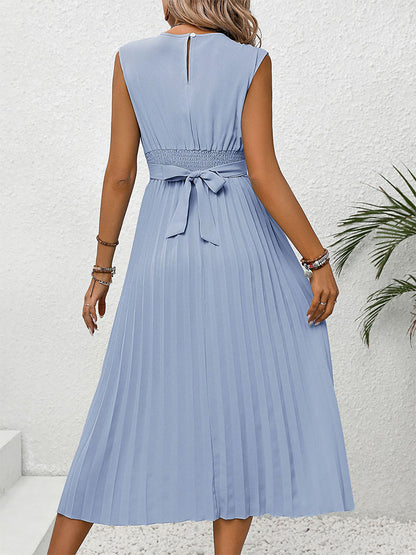 Sleeveless Midi Dress with Pleated Skirt and Wrap Bodice