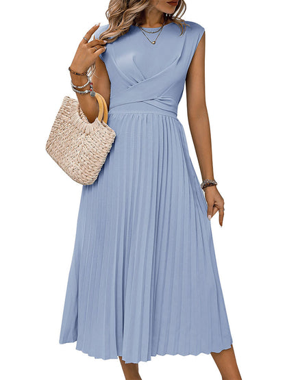 Sleeveless Midi Dress with Pleated Skirt and Wrap Bodice