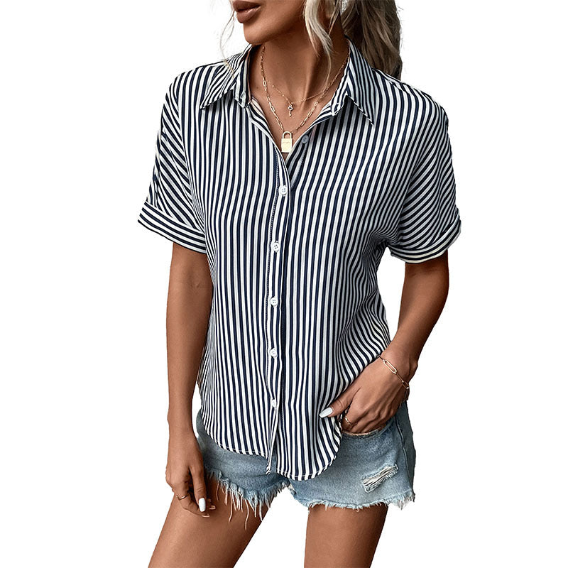 Relaxed Fit Striped Button-Down Shirt with Short Sleeves