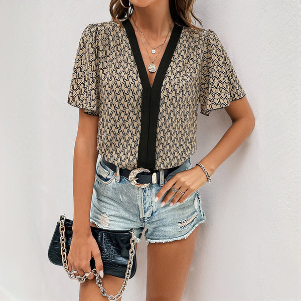 Geometric Print Bodysuit with Trimmed V-Neck and Lotus Leaf Sleeves