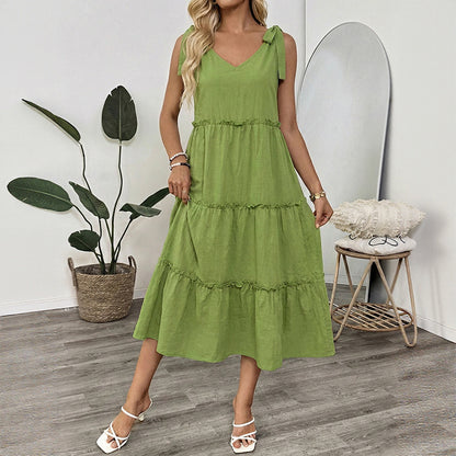 A-Line Midi Dress with Tie-Shoulder V-Neck and Tiered Skirt