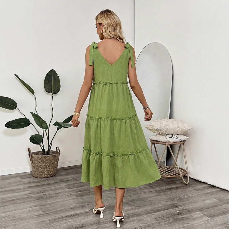 A-Line Midi Dress with Tie-Shoulder V-Neck and Tiered Skirt